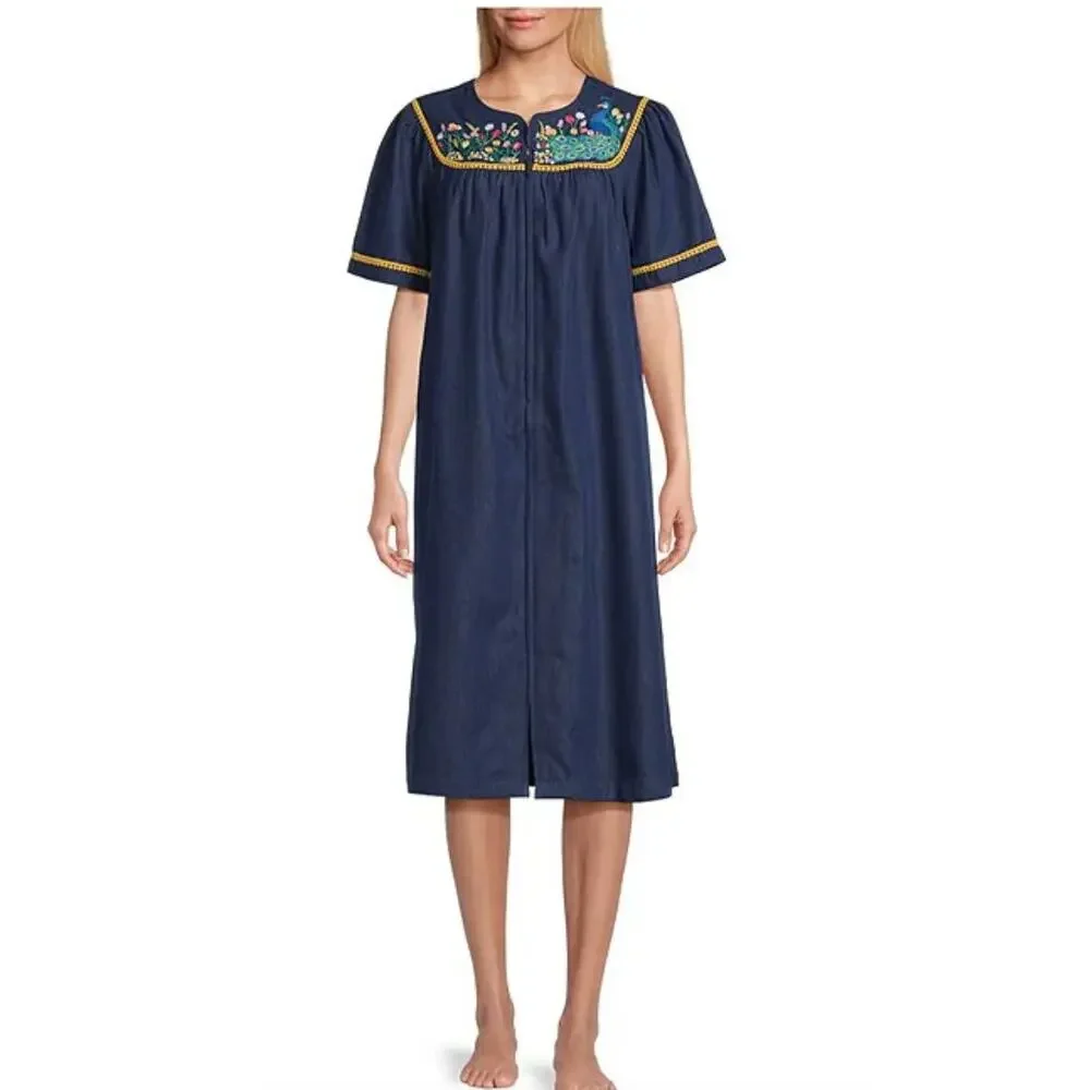 Go Softly Embroidered Peacock Floral Denim Zip Patio Dress | Sz M, Mumu Caftan - Picture 3 of 3